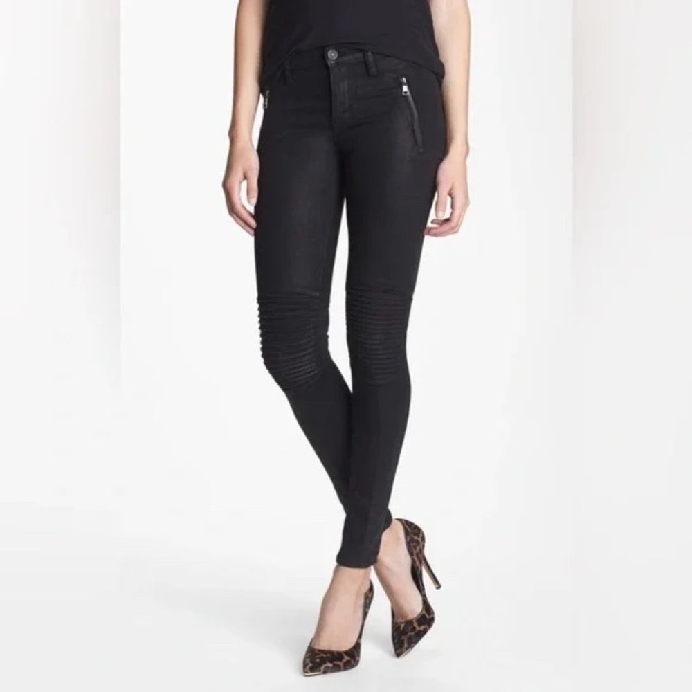 Hudson Coated Stark Moto black Ribbed Knee Mid Rise skinny pants Jeans